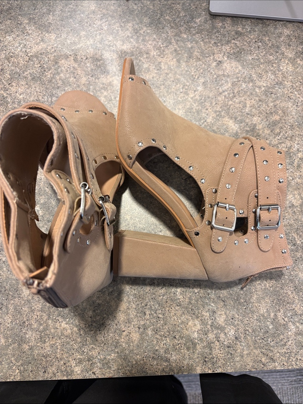 BAMBOO Tan Studded Peep-Toe Buckle Block Heel Booties